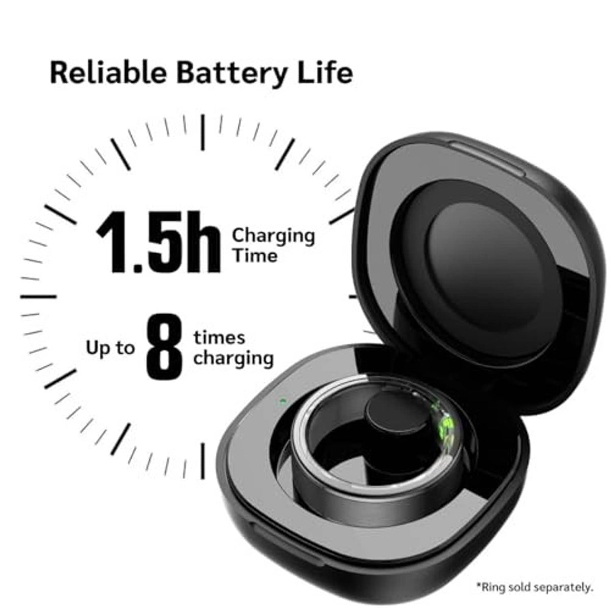 Black smart ring charging case showing charging cradle and lid