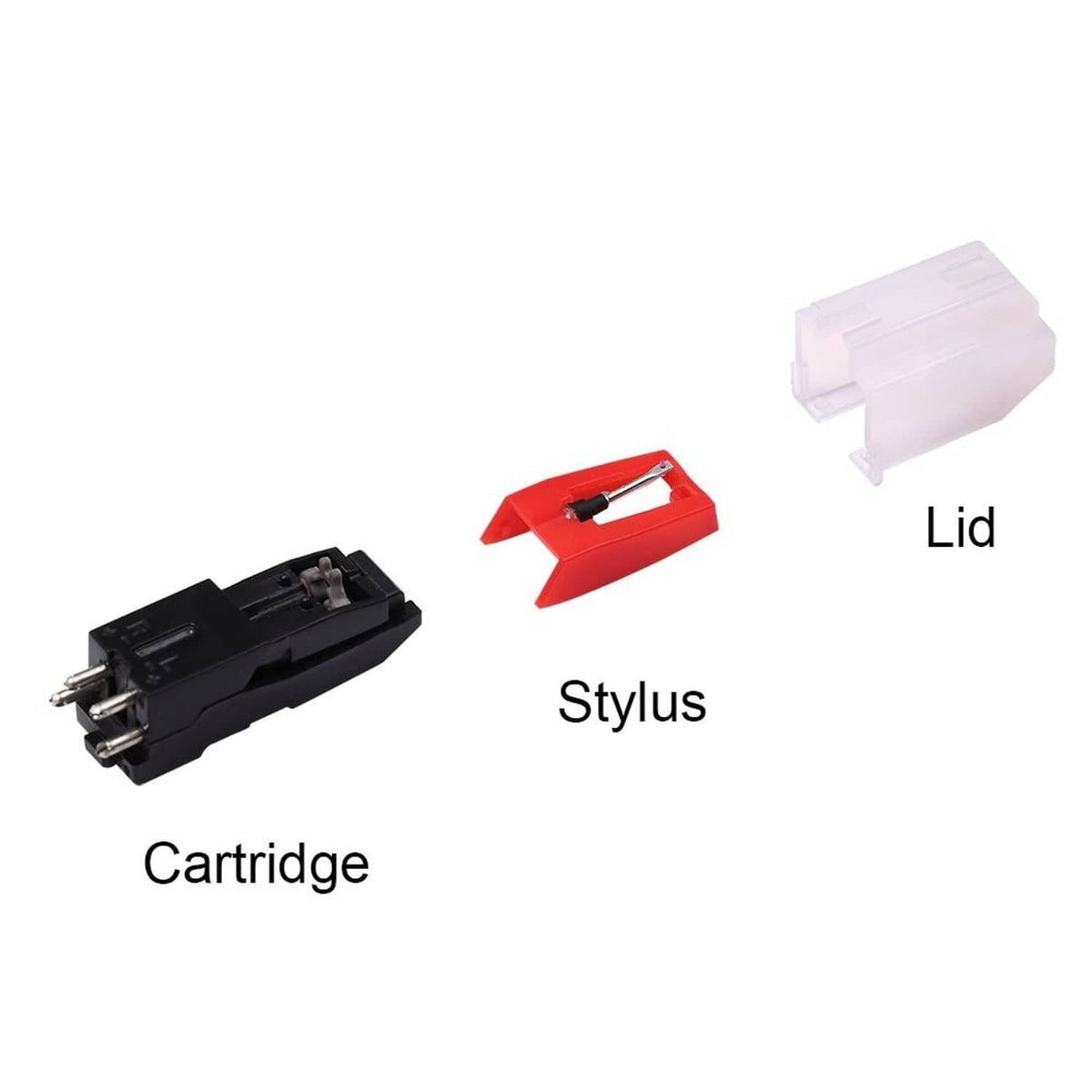 Turntable cartridge components: cartridge block, stylus, and protective lid