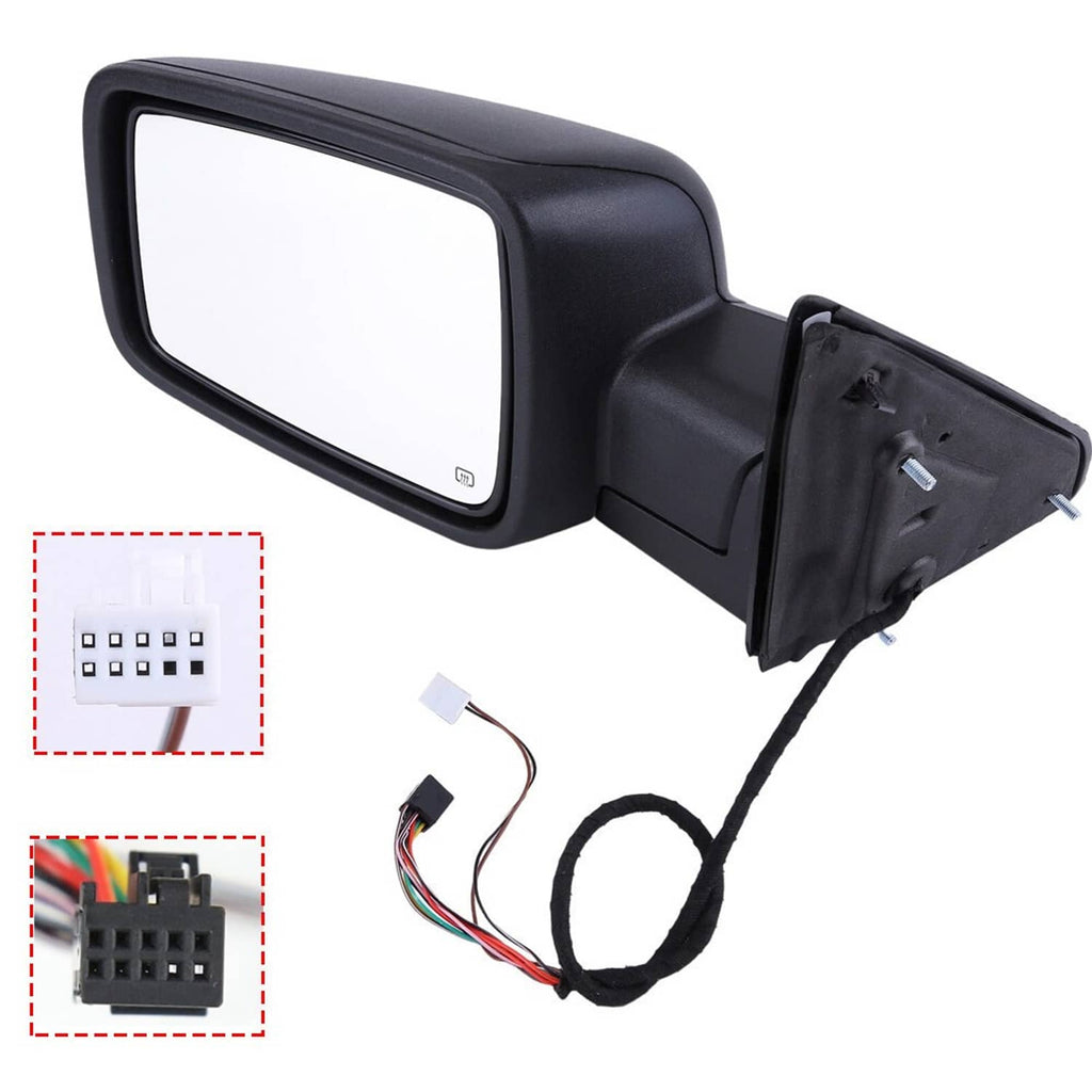 Black driver side mirror with glossy housing, wiring harness, and connector plug