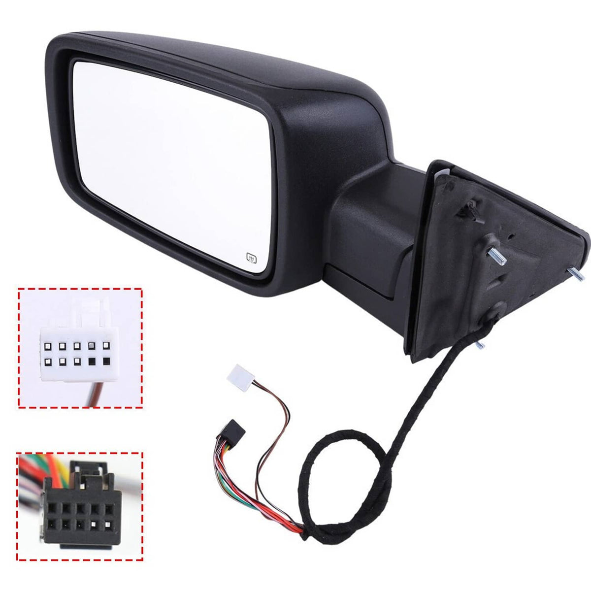Black driver side mirror with glossy housing, wiring harness, and connector plug