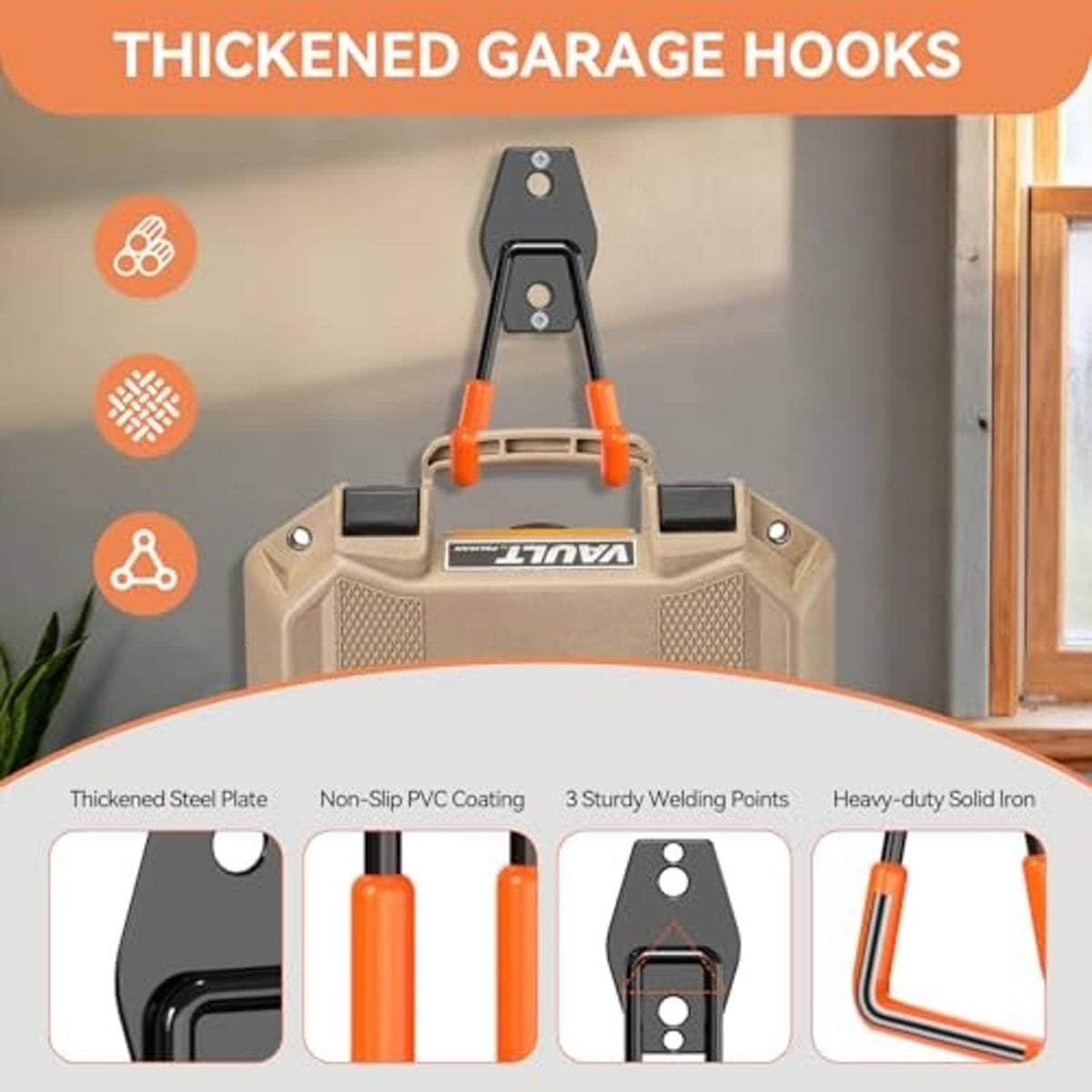 Thickened garage hooks set with black metal base and orange curved hangers