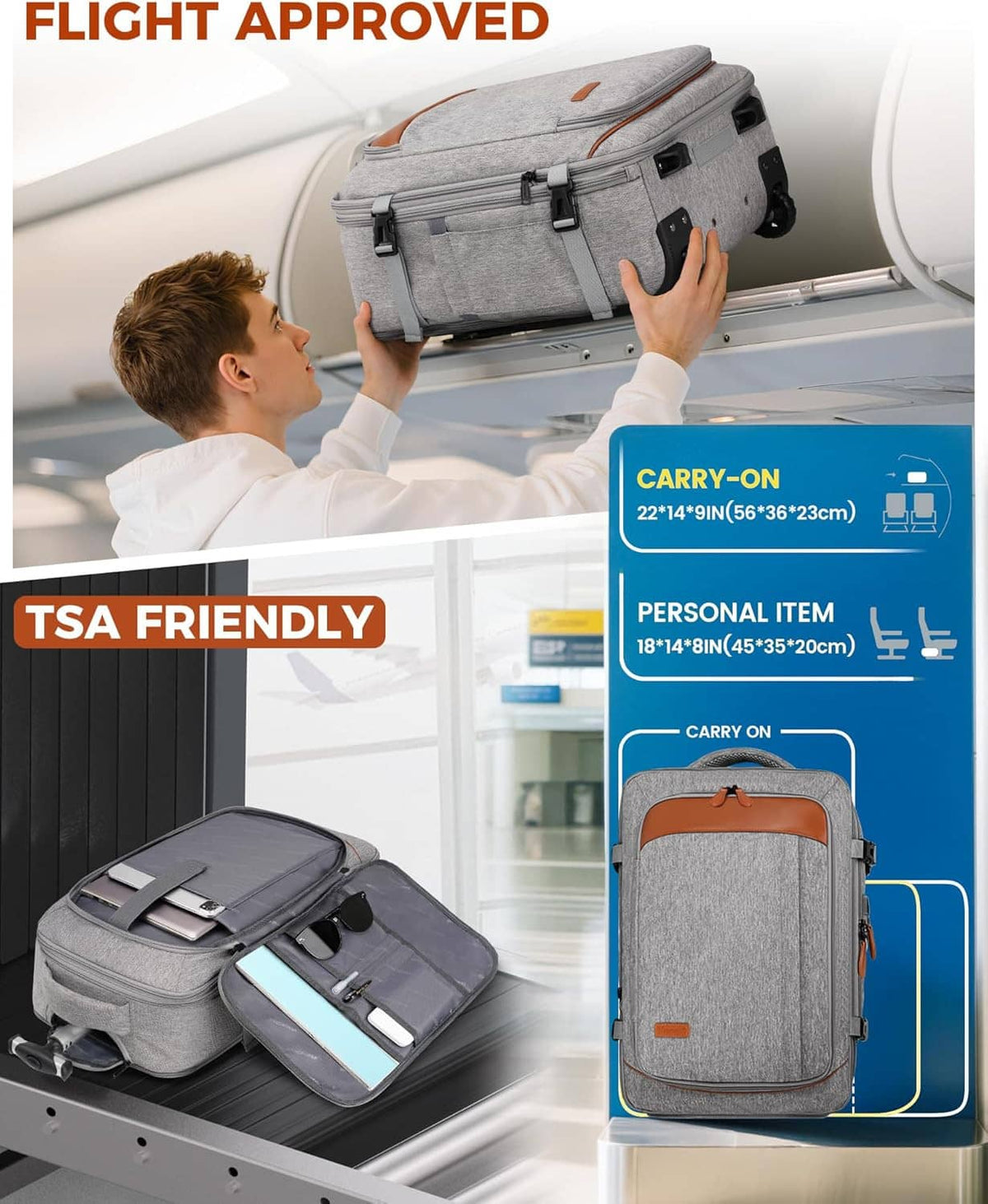 Gray expandable wheeled carry-on backpack with TSA-friendly design and laptop-friendly space