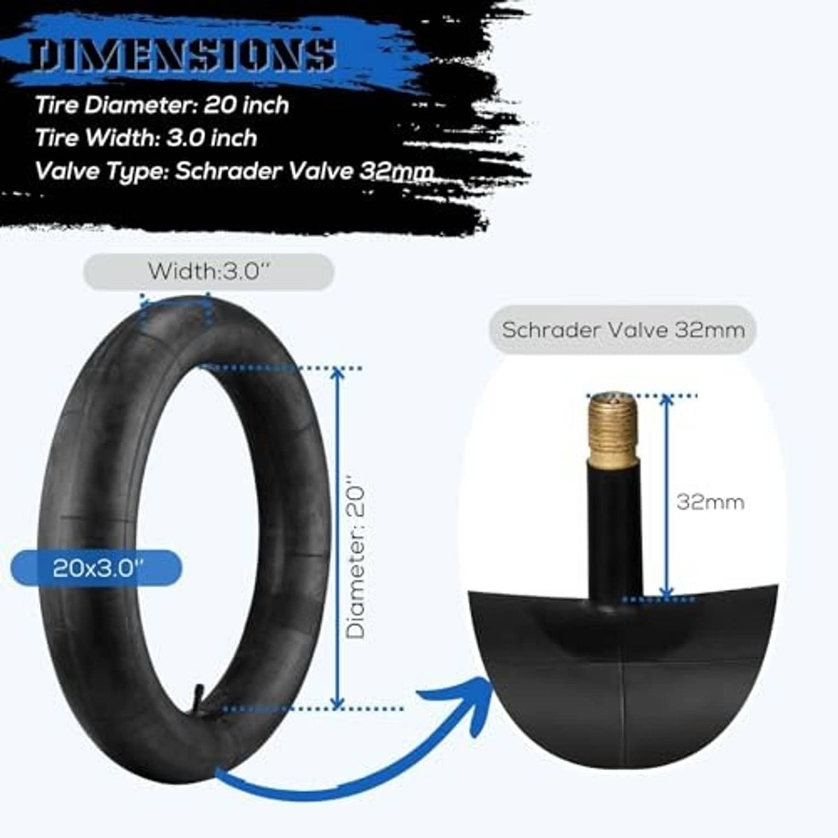 Black inner tube dimension diagram with 20-inch diameter and 32mm Schrader valve