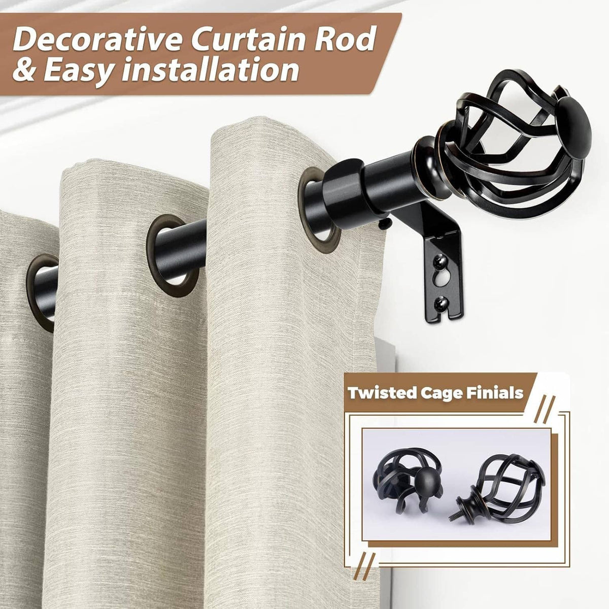 Black twisted cage finial attached to curtain rod end, with visible screw mount