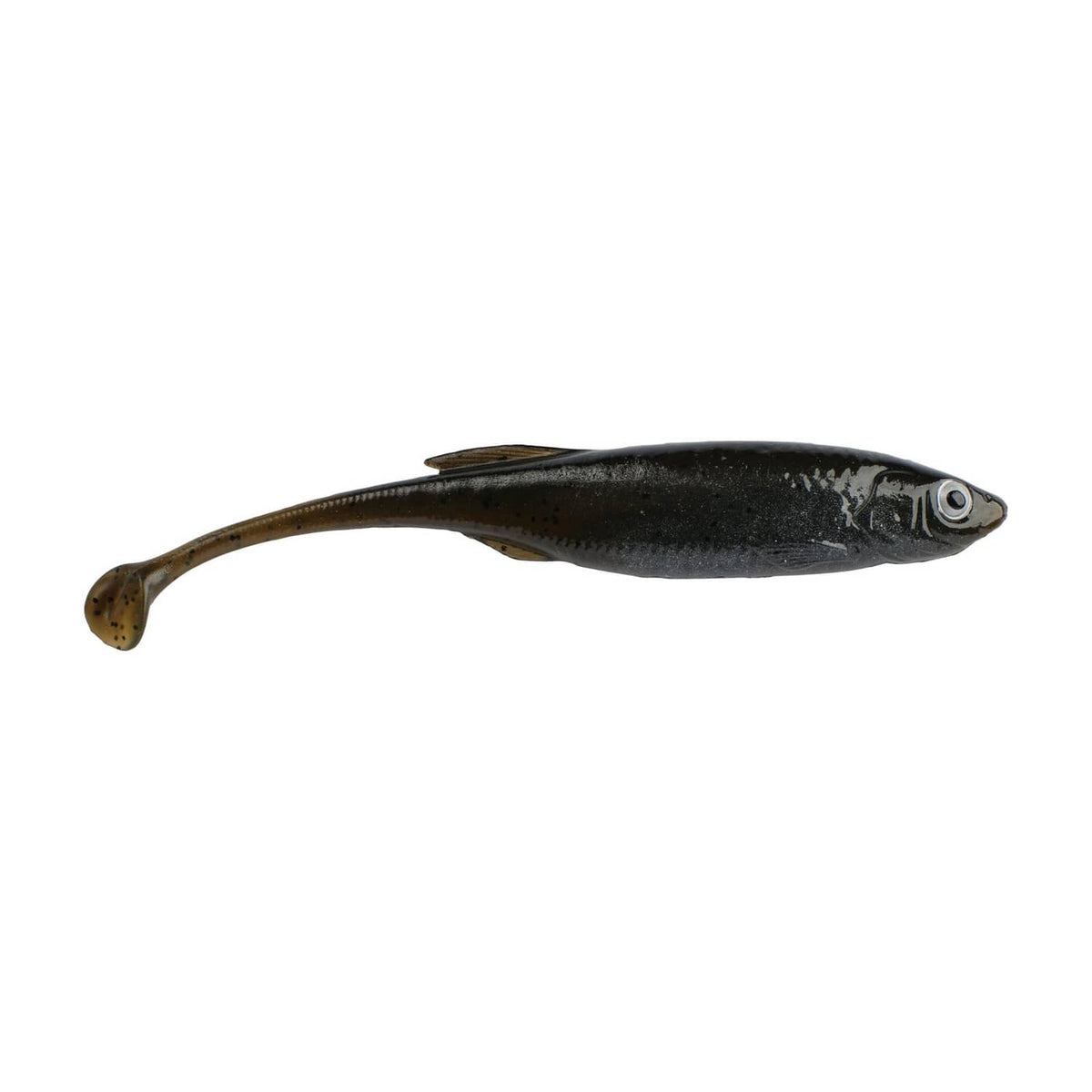 Dark shad soft plastic fishing lure with curved tail and visible eye, 4 in size