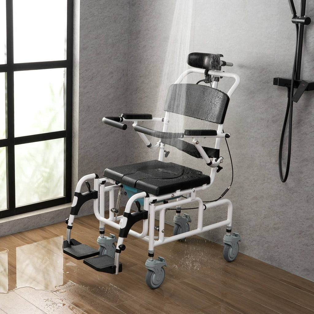 Shower wheelchair with black seat and backrest, armrests, and footrests