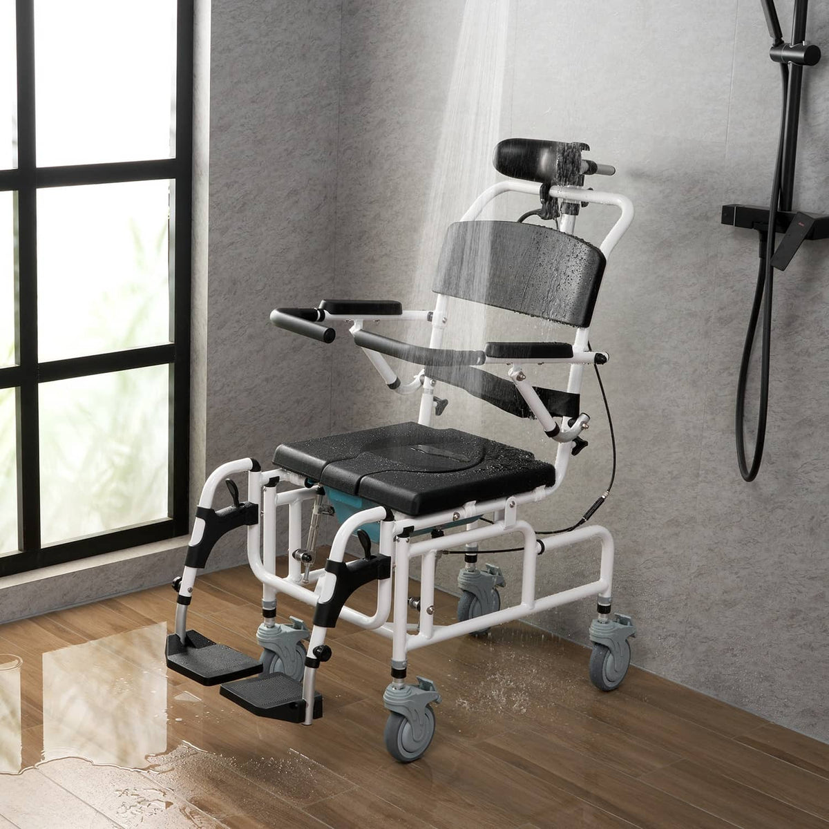 Shower wheelchair with black seat and backrest, armrests, and footrests