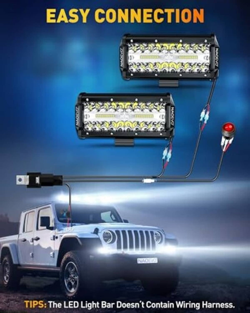 Two black LED light bars with mounting hardware and exposed wiring for vehicle connection.