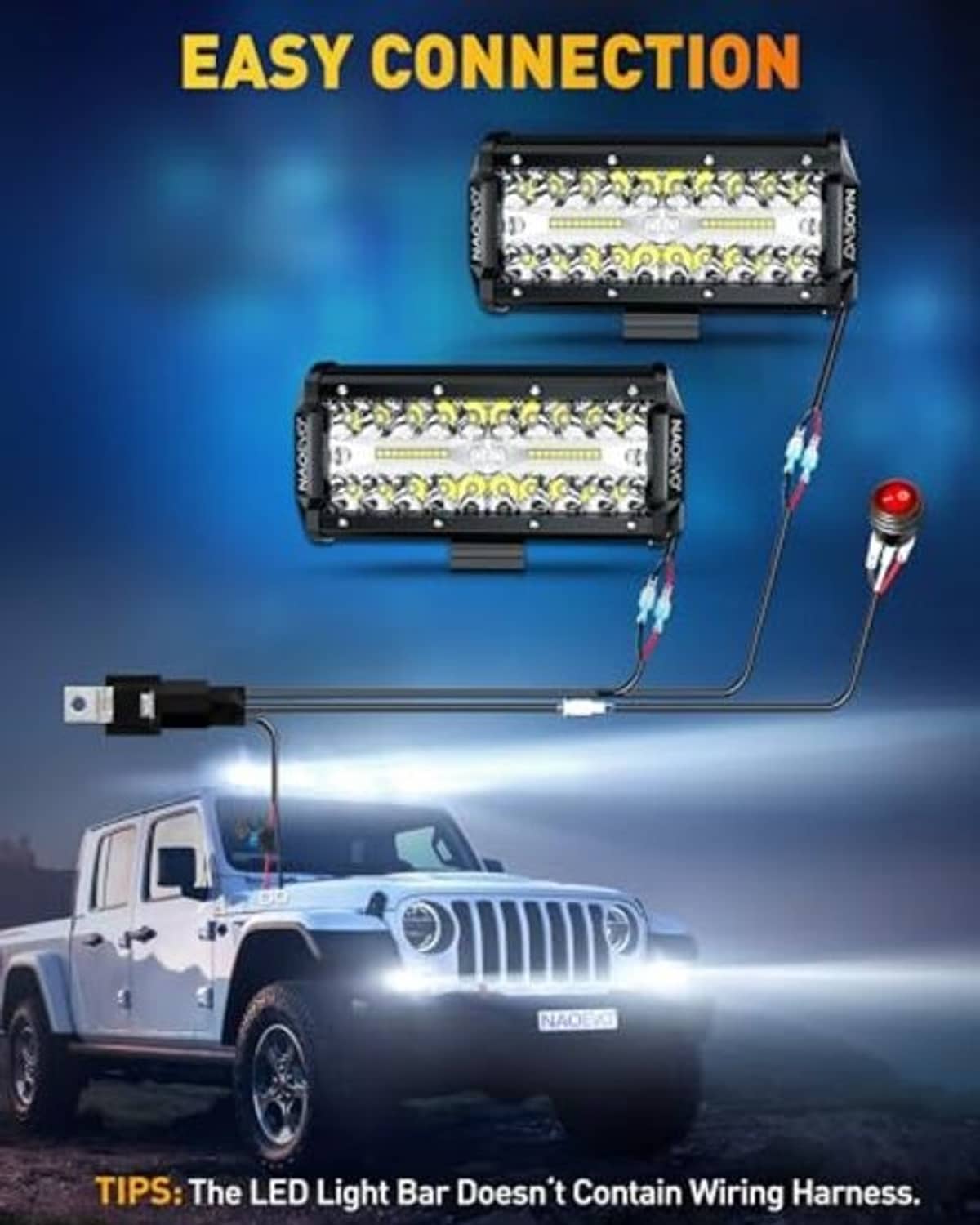 Two black LED light bars with mounting hardware and exposed wiring for vehicle connection.