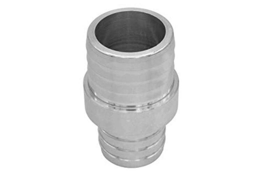Metal coupler with smooth cylindrical end, circular bore, and ribbed body for hose connection.