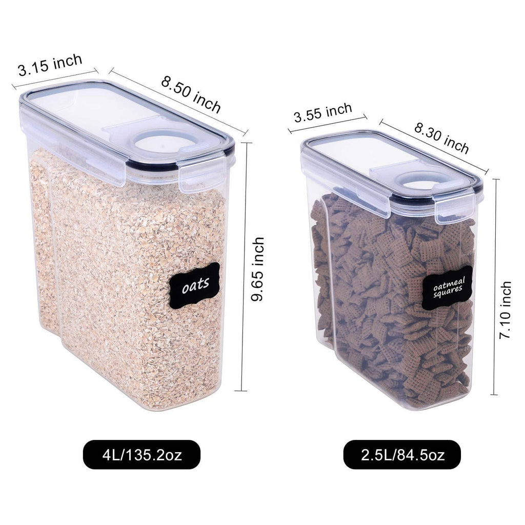 Two clear airtight cereal containers with black-labeled flip-top lids and measured sizes