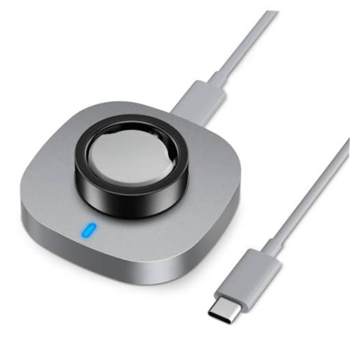 Aura ring Gen 3 charging dock with USB-C cable, gray base and black charging ring