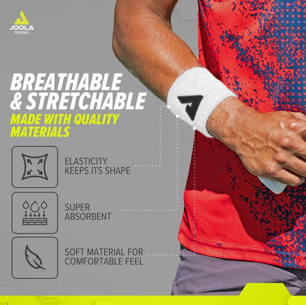 White wristband on wrist with black JOOLA triangle logo