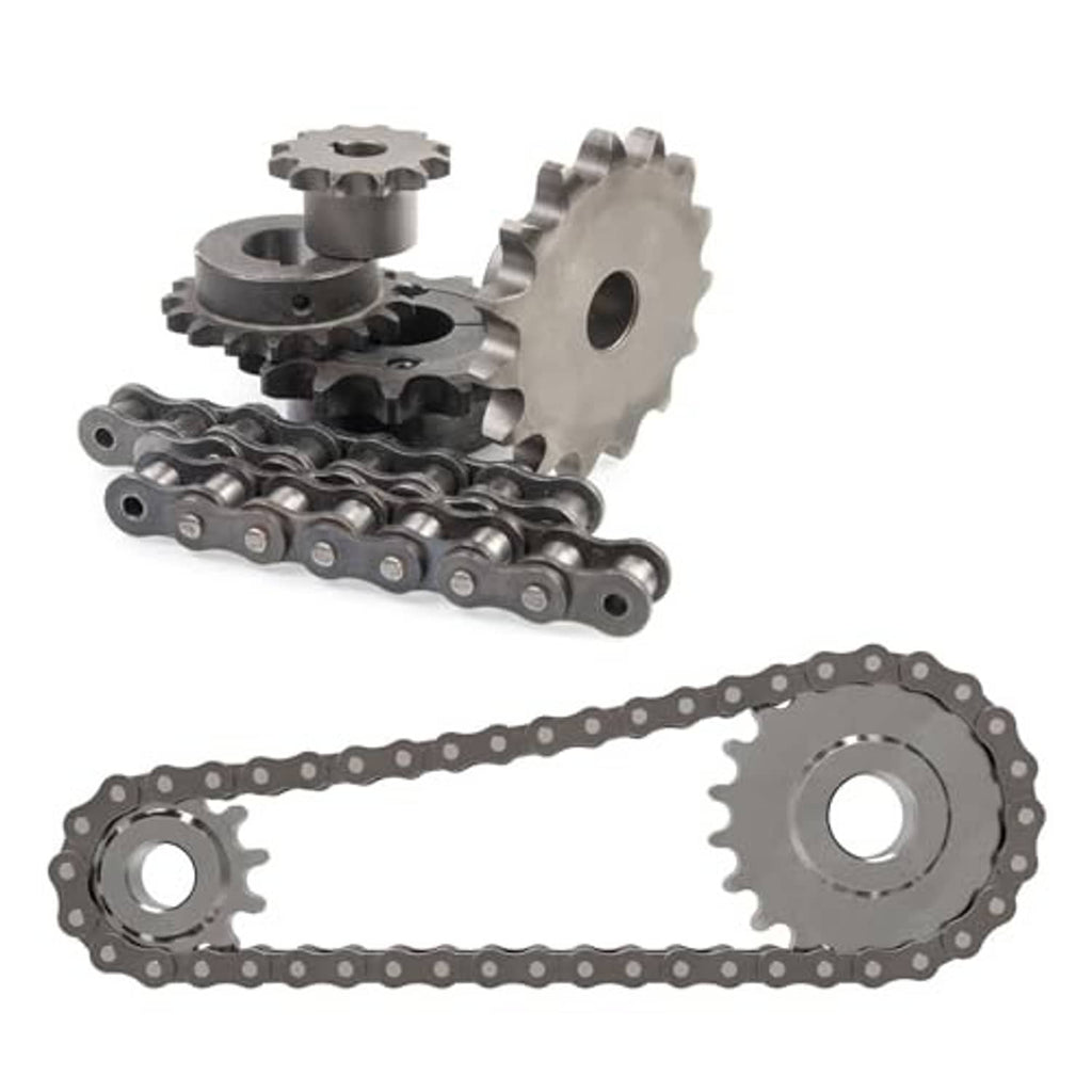 Roller sprocket set with linked chain and two sprockets for #40 roller chain