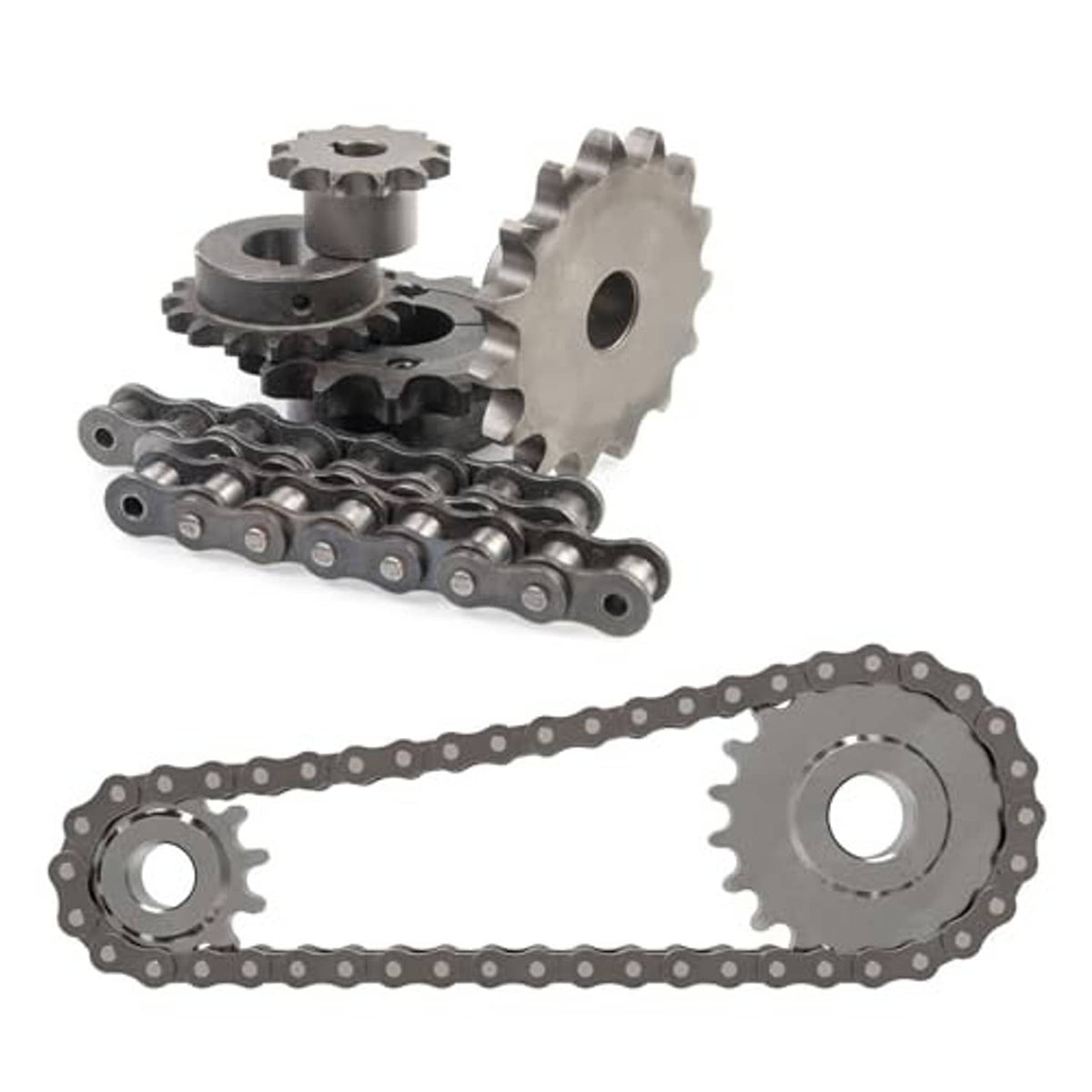 Roller sprocket set with linked chain and two sprockets for #40 roller chain