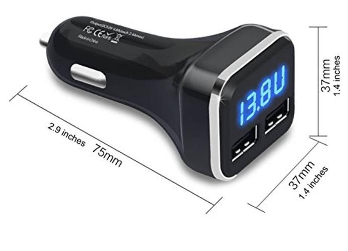 Black dual USB car charger with blue LED volt display and metallic trim