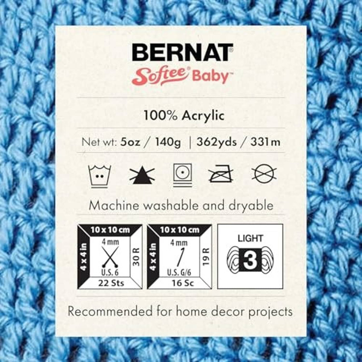 Bernat Softee Baby label on blue 100% acrylic yarn skein