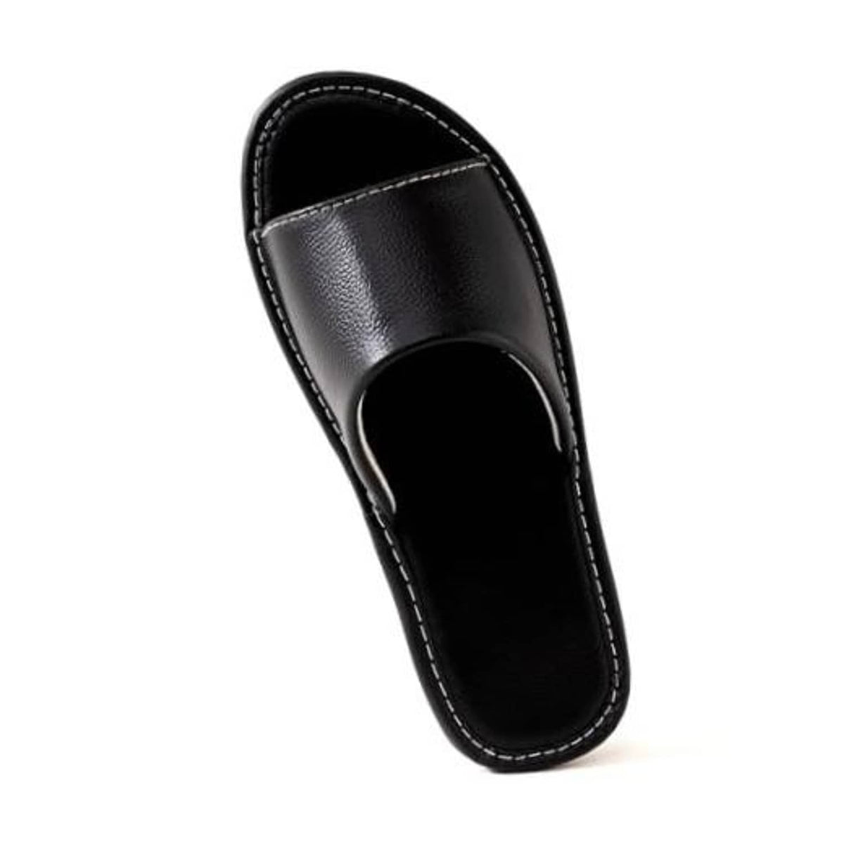 Black leather slide sandal with open toe and stitched strap, side view.