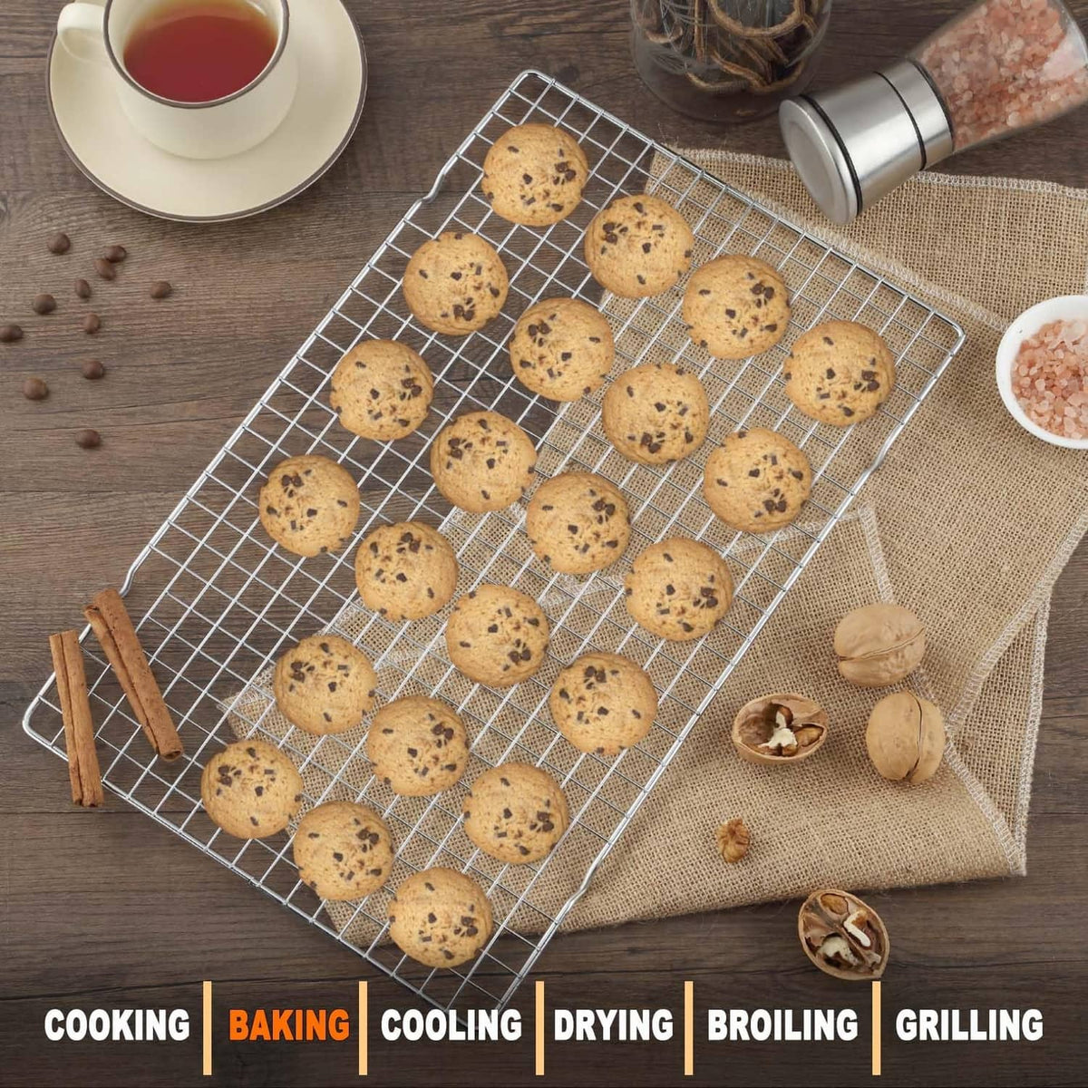 Silver cooling rack with cookie clusters on wire grid for cooling and drying