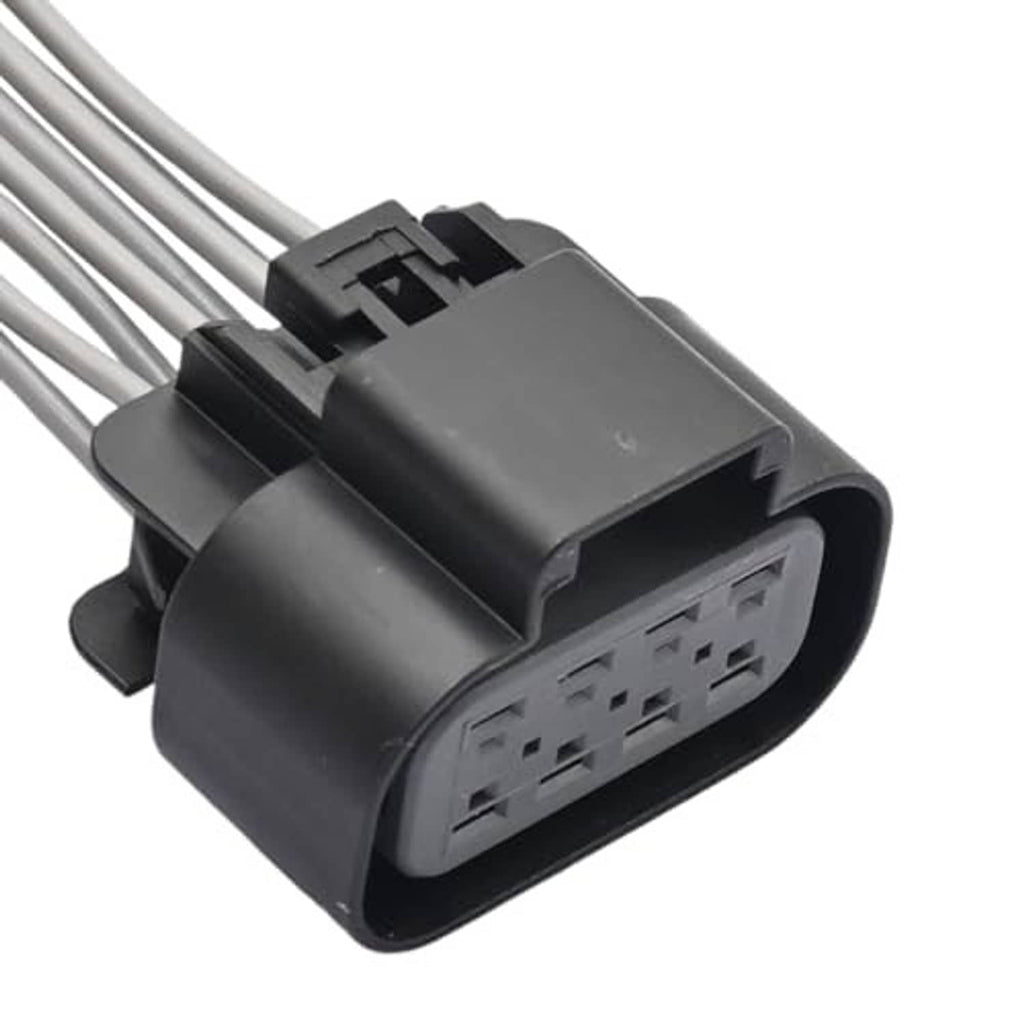 Automotive wiring connector, dark gray plug with multi-pin socket, gray wire leads