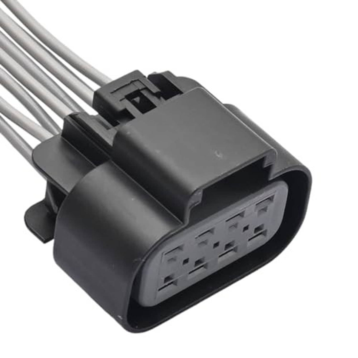 Automotive wiring connector, dark gray plug with multi-pin socket, gray wire leads