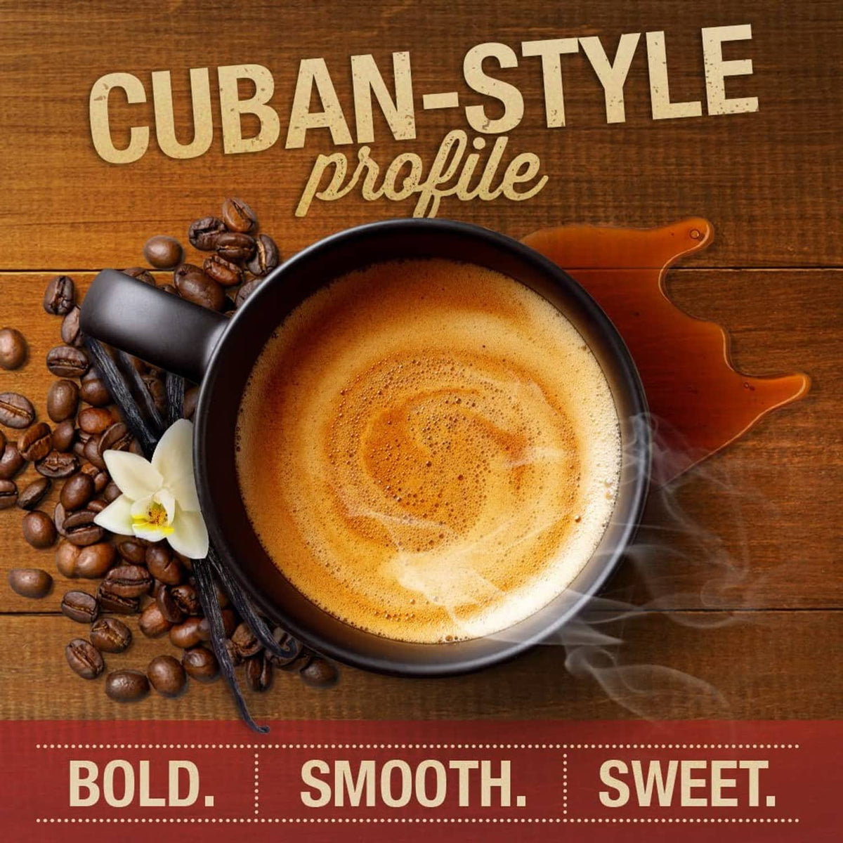 Cuban-style coffee cup with crema, surrounded by coffee beans and vanilla pod garnish