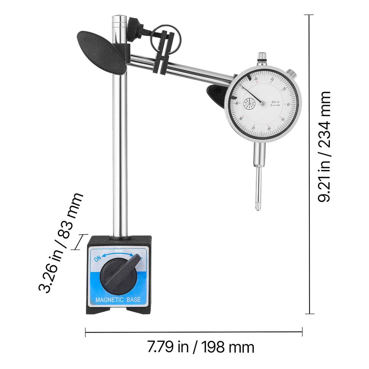 Dial test indicator dimensions view with dual-rod stand and magnetic base unit
