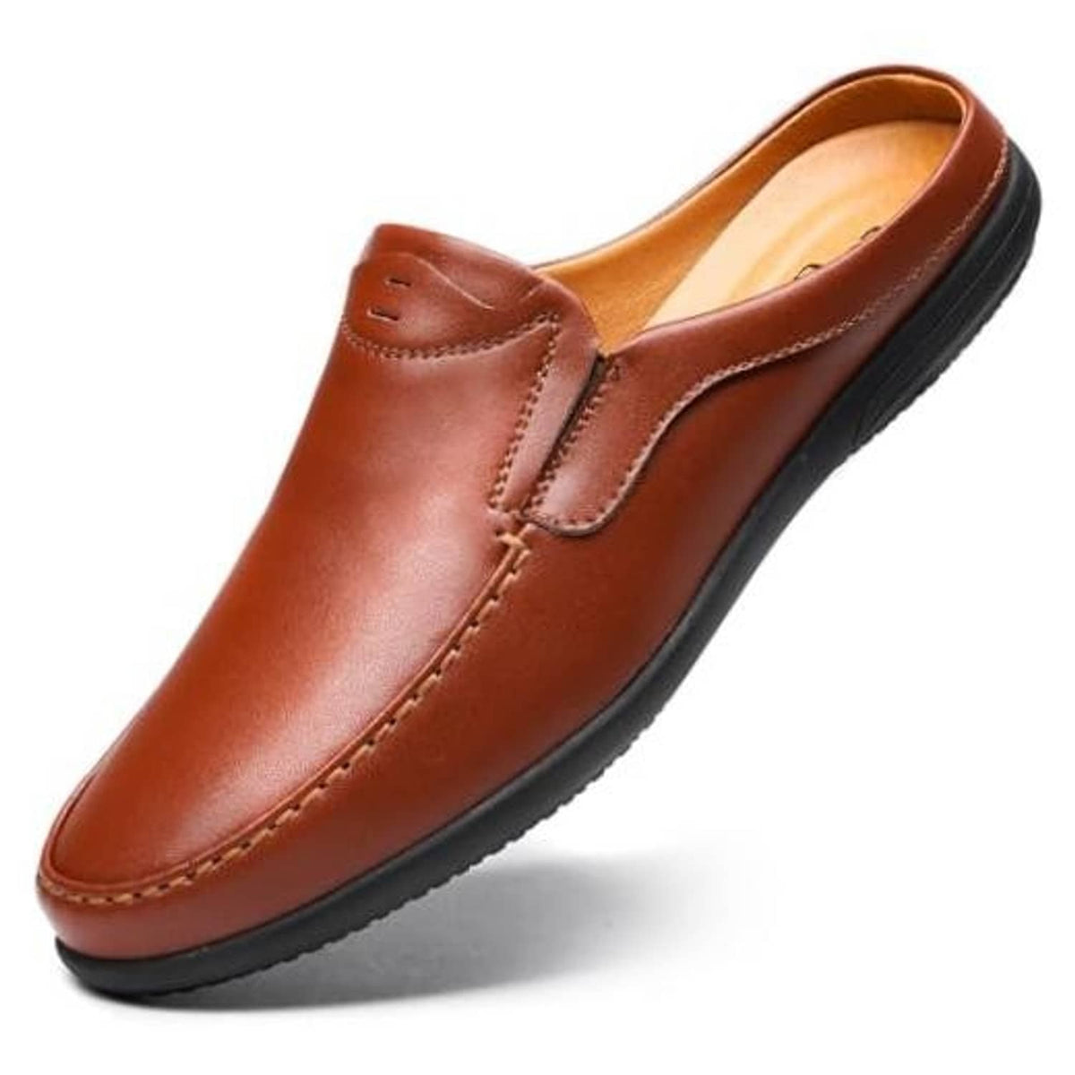 Men's brown leather slip-on loafer with stitched apron and side moc toe detail