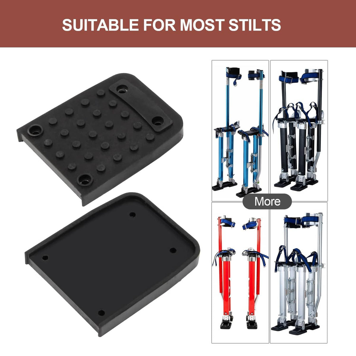 Two black rubber anti-slip stilt foot pads with raised grip dots and holes