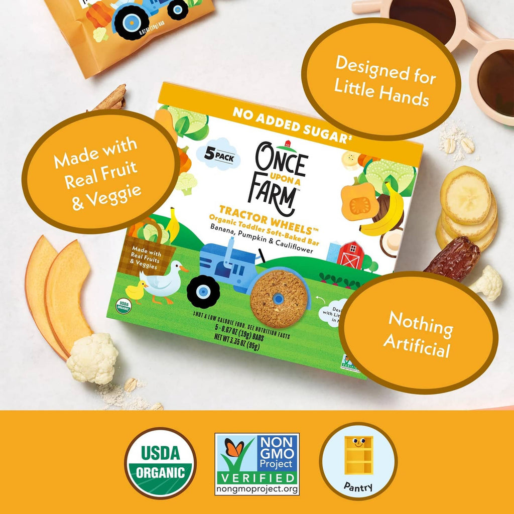Organic toddler bar pack with badges: no added sugar, made with fruit & veggie.