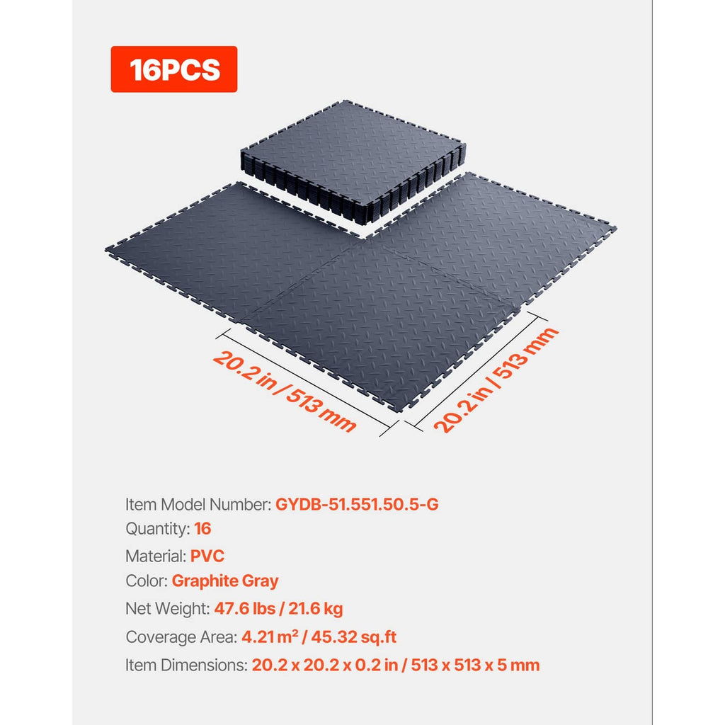 Set of 16 gray PVC interlocking floor tiles, 20.2 x 20.2 x 0.2 in