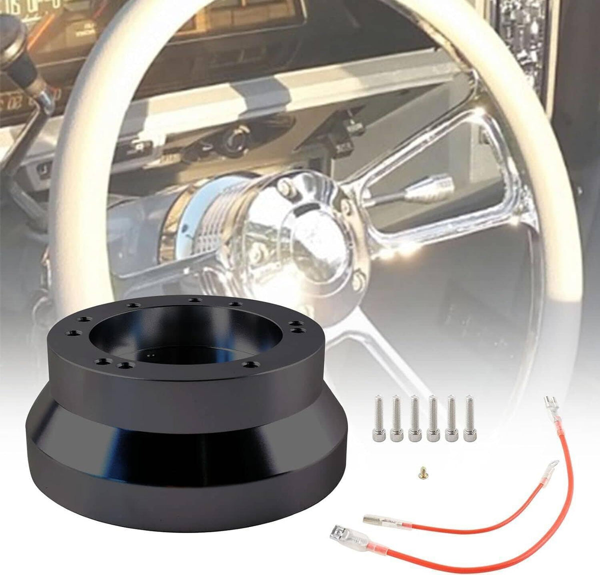 Black steering wheel hub adapter with mounting holes and included screw hardware