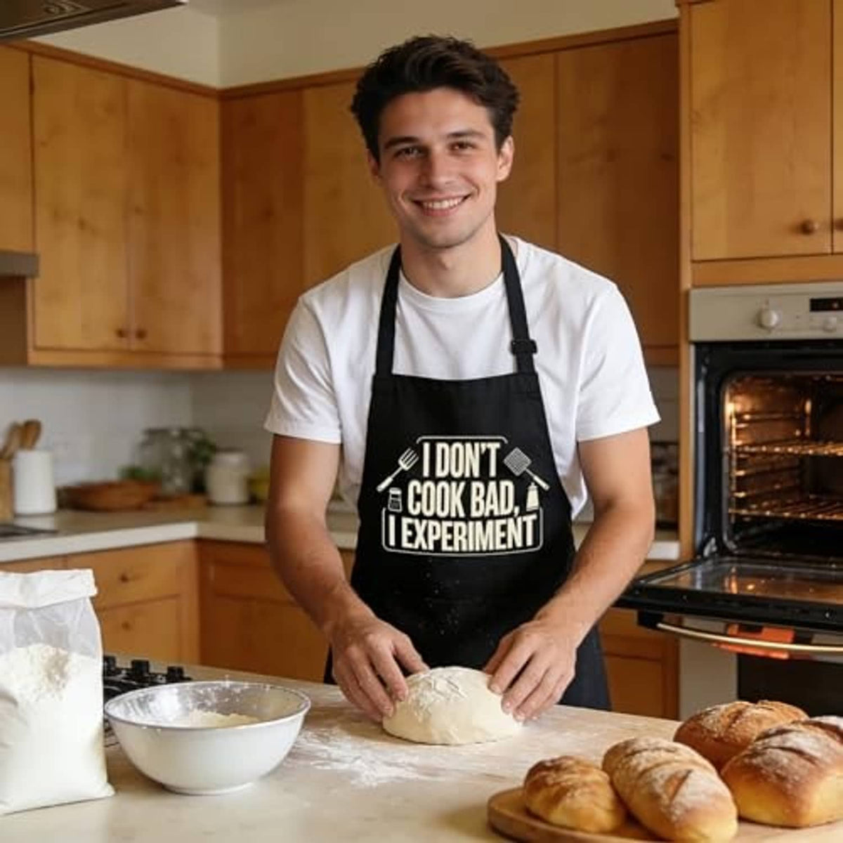 Black baking apron with front graphic message and adjustable neck straps