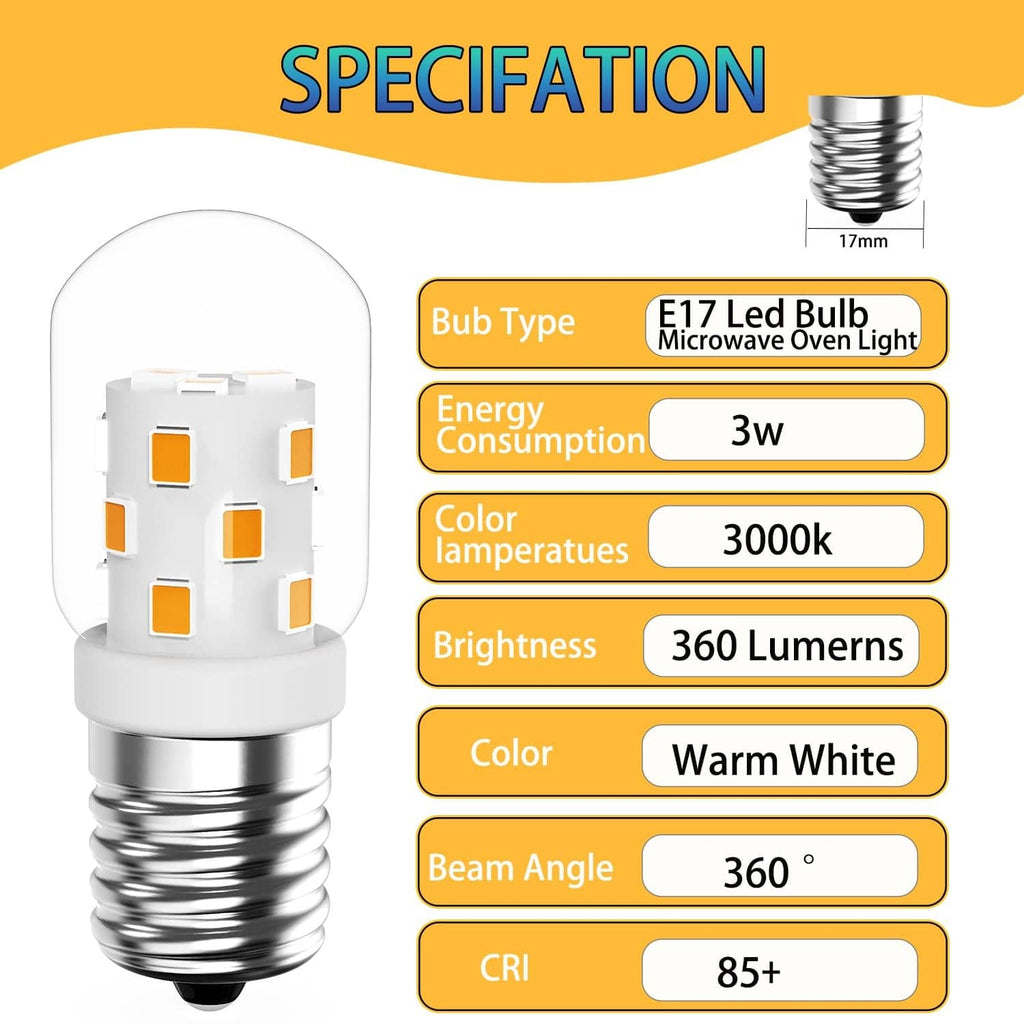 Warm white E17 microwave oven LED bulb, 3000K, 3W, 360° beam angle
