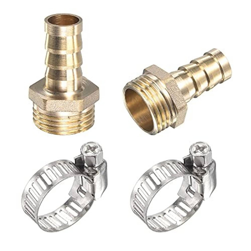 Brass straight hose barb fitting with metal hose clamp, G1/2 male, 12mm