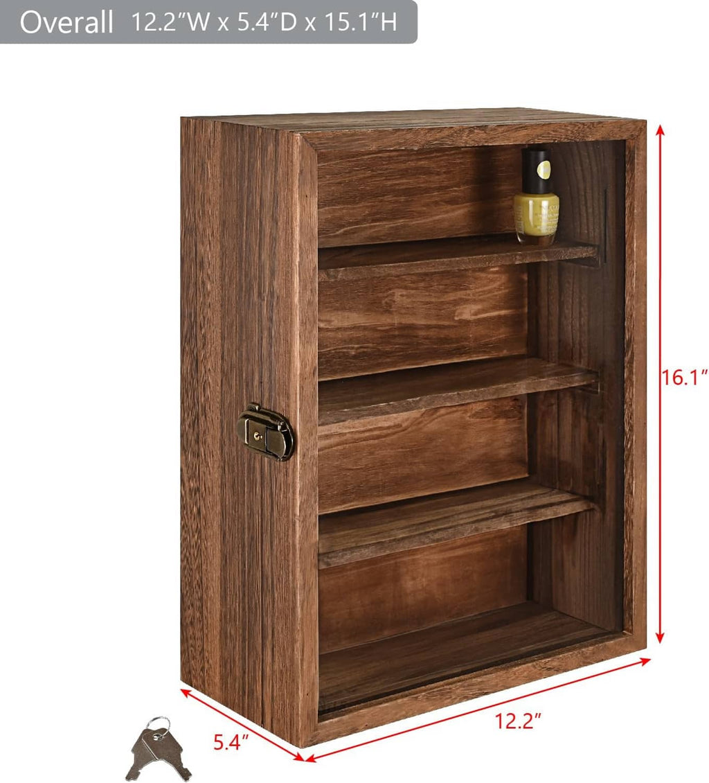 Wall-mount display cabinet size diagram, showing open shelves and locking latch.