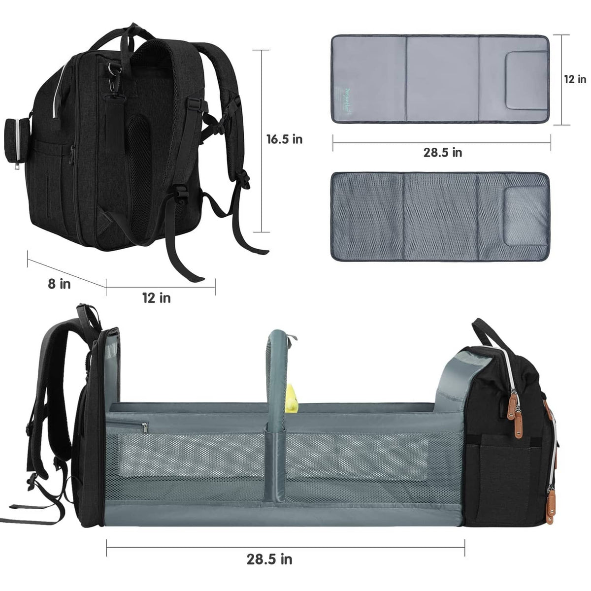 Black diaper bag backpack opening to a changing mat with spacious zip compartments