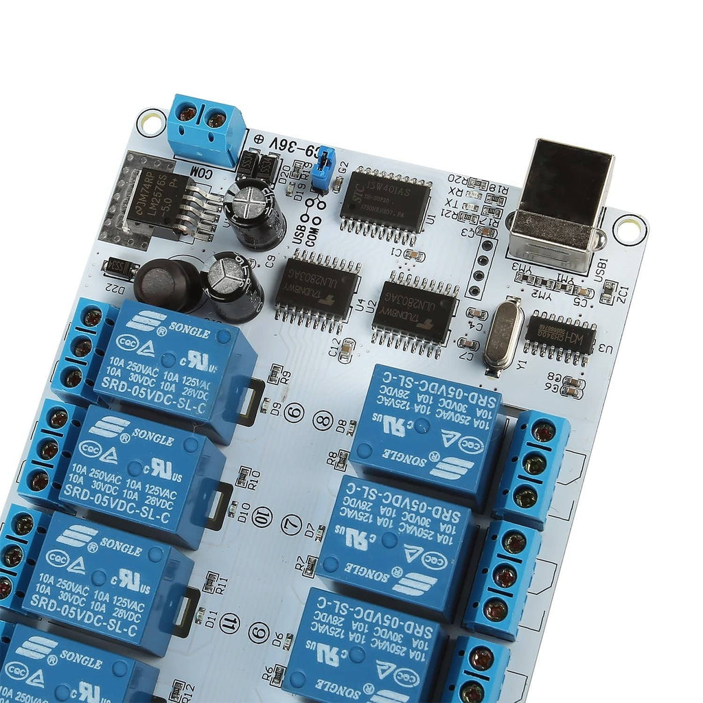Sainsmart 16-channel USB relay module close-up of ICs, relay chips, and blue screw terminals