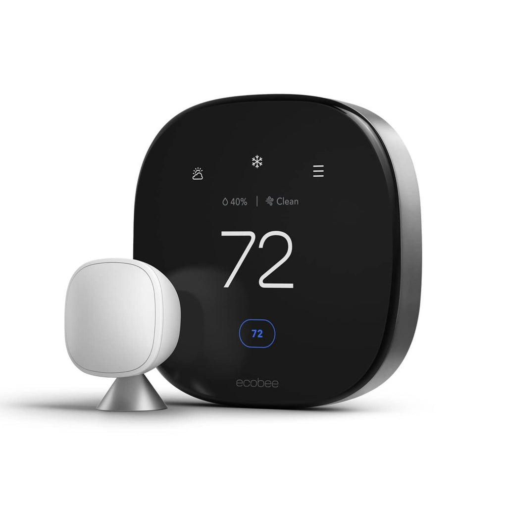 Black smart thermostat with large touchscreen displaying 72° and icons