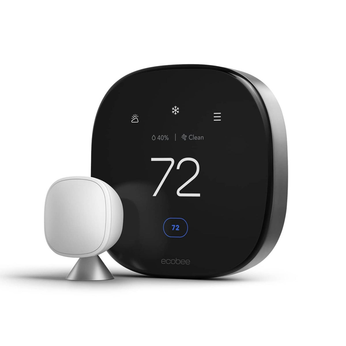 Black smart thermostat with large touchscreen displaying 72° and icons
