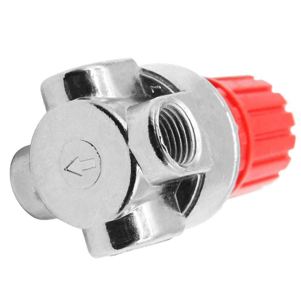 Metal air compressor pressure regulator fitting with red cap and threaded port
