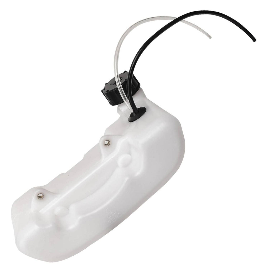 White plastic fuel gas tank with black mounting bracket and two fuel hoses