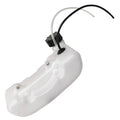 White plastic fuel gas tank with black mounting bracket and two fuel hoses