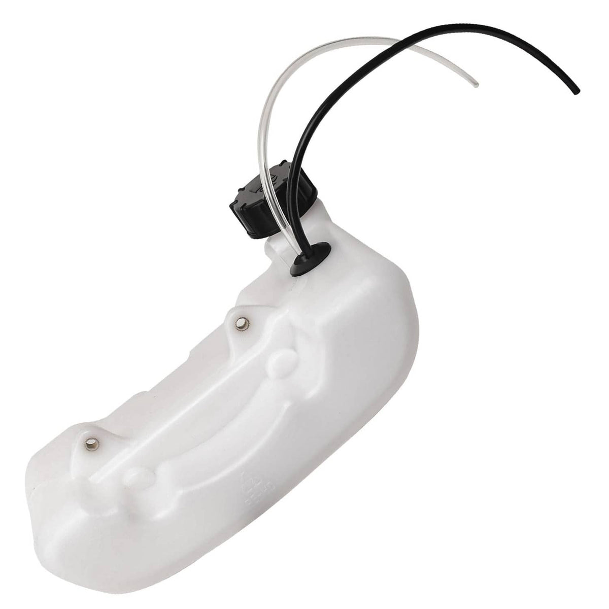 White plastic fuel gas tank with black mounting bracket and two fuel hoses