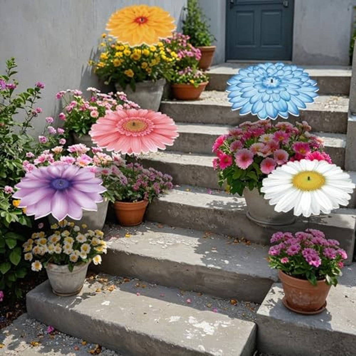 Flower plant umbrella stakes with pink, yellow, blue, purple, and white daisy blooms