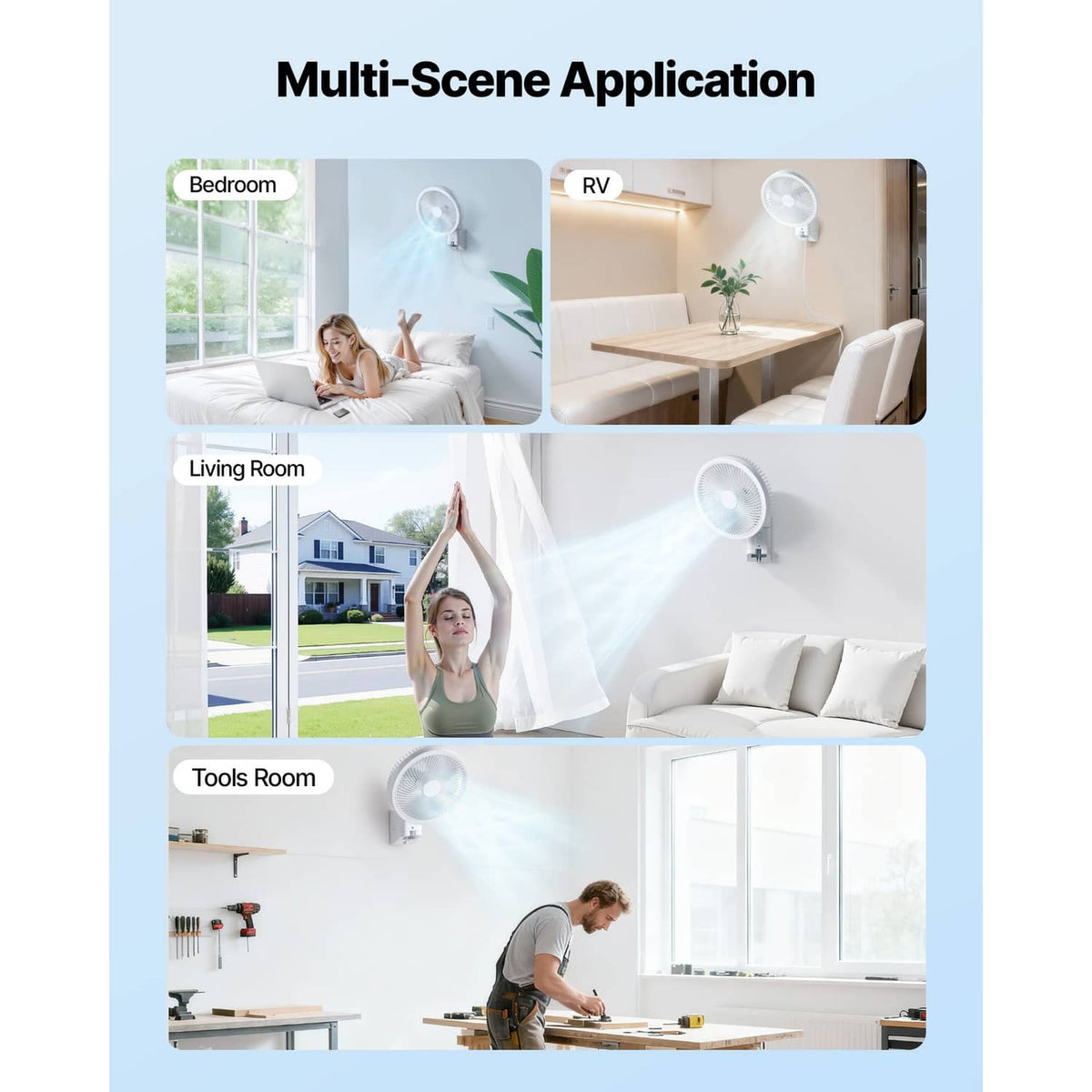 Wall-mounted oscillating fan multi-room application diagram with remote control
