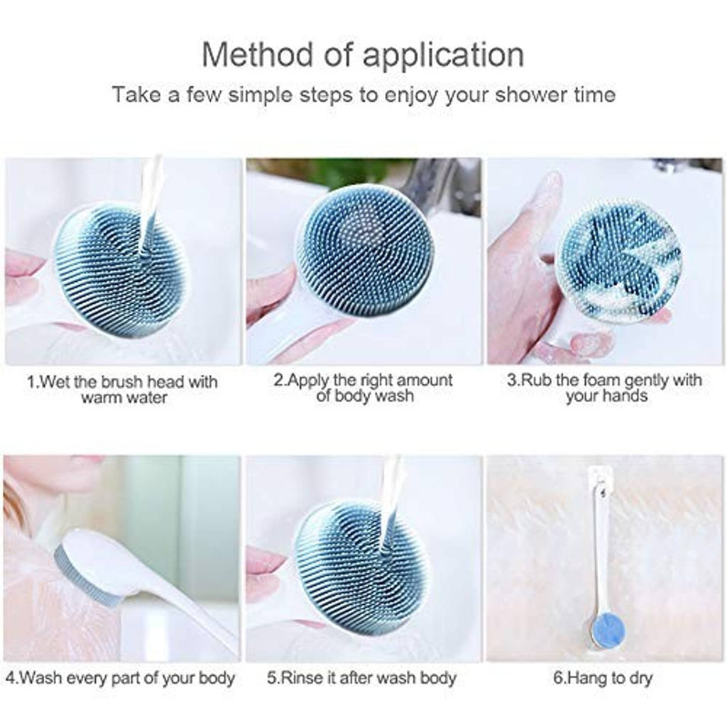Silicone body scrubber with round blue brush head and long white handle.