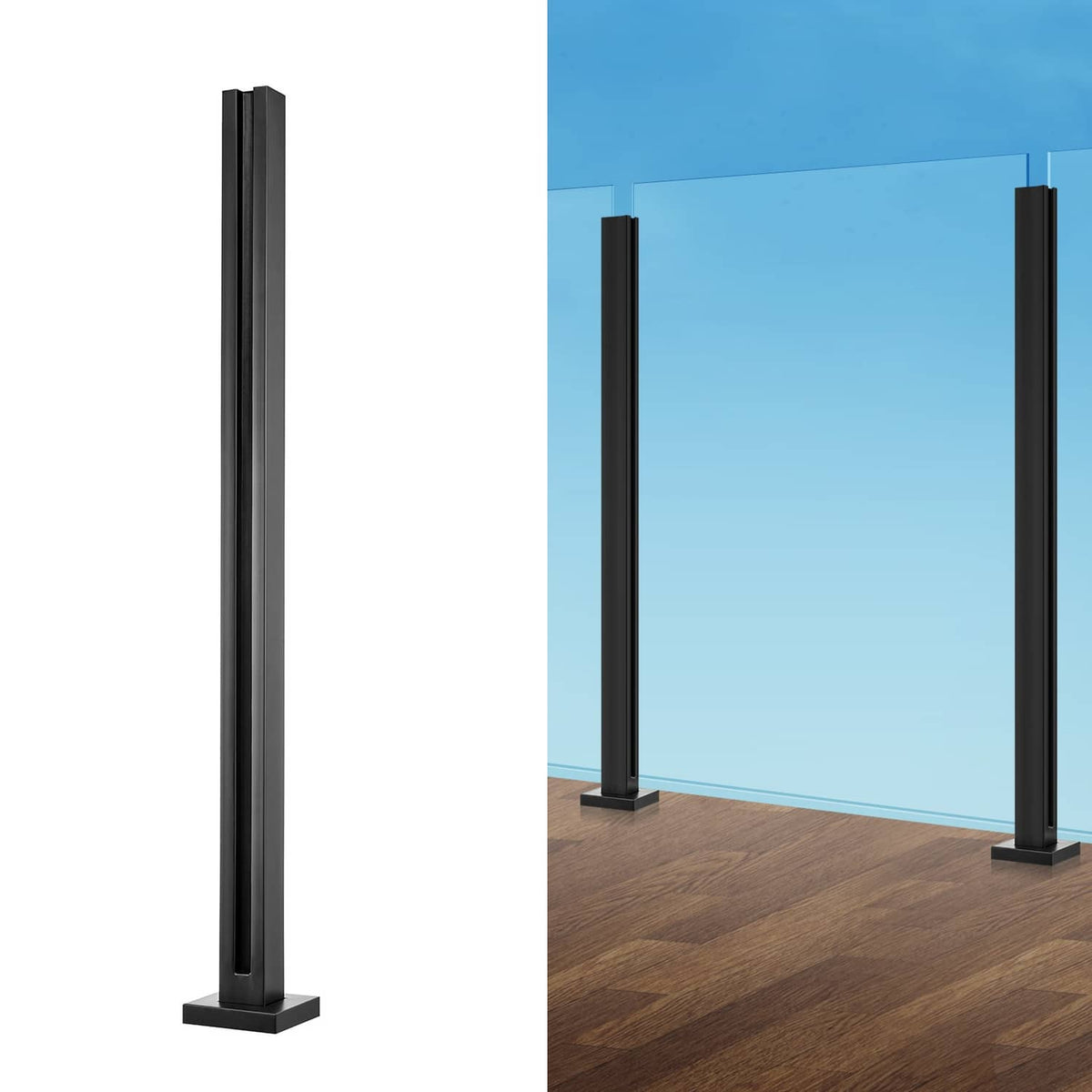 Black glass railing posts installed on a floor with two upright posts visible