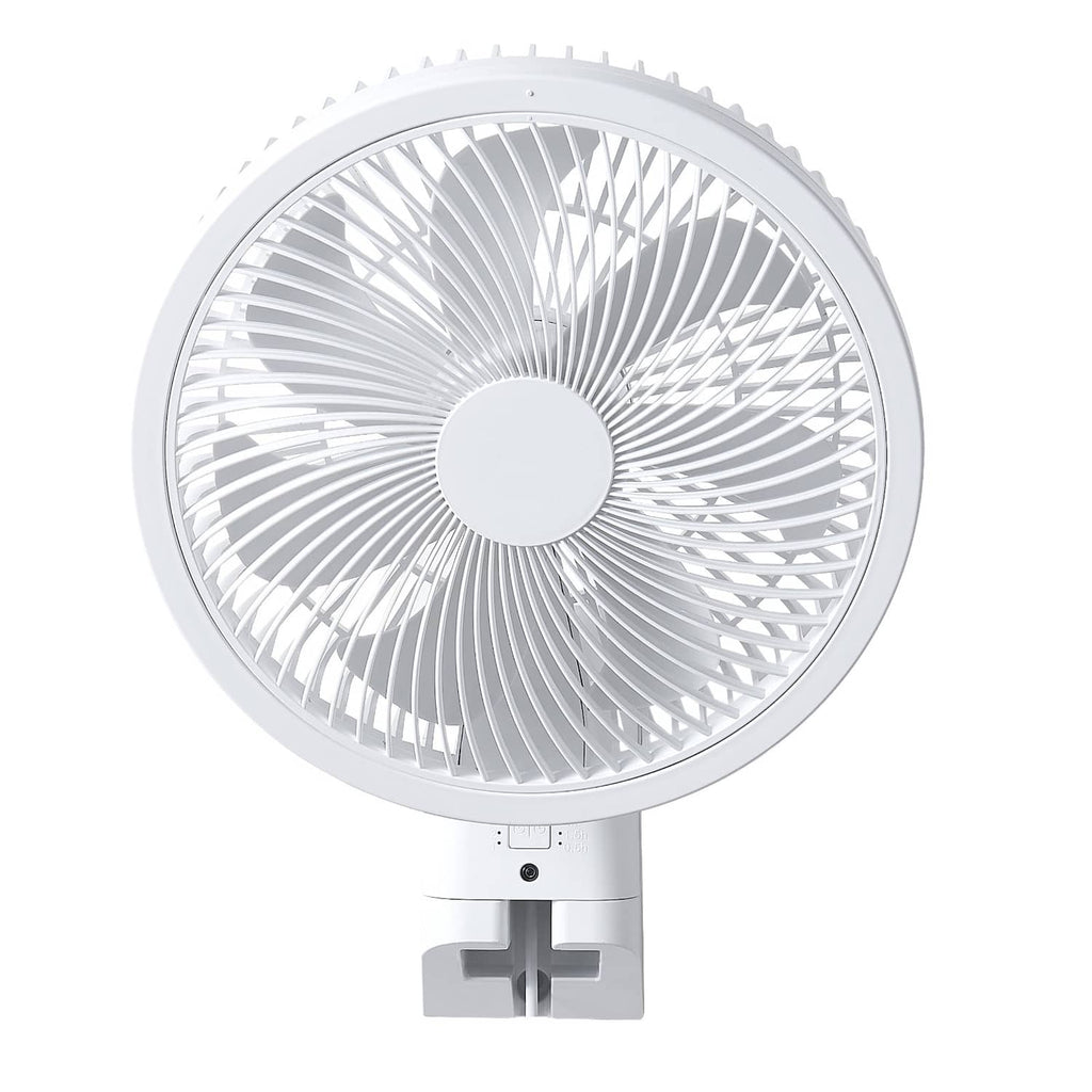 Wall-mounted oscillating fan with white grille and blades, front view
