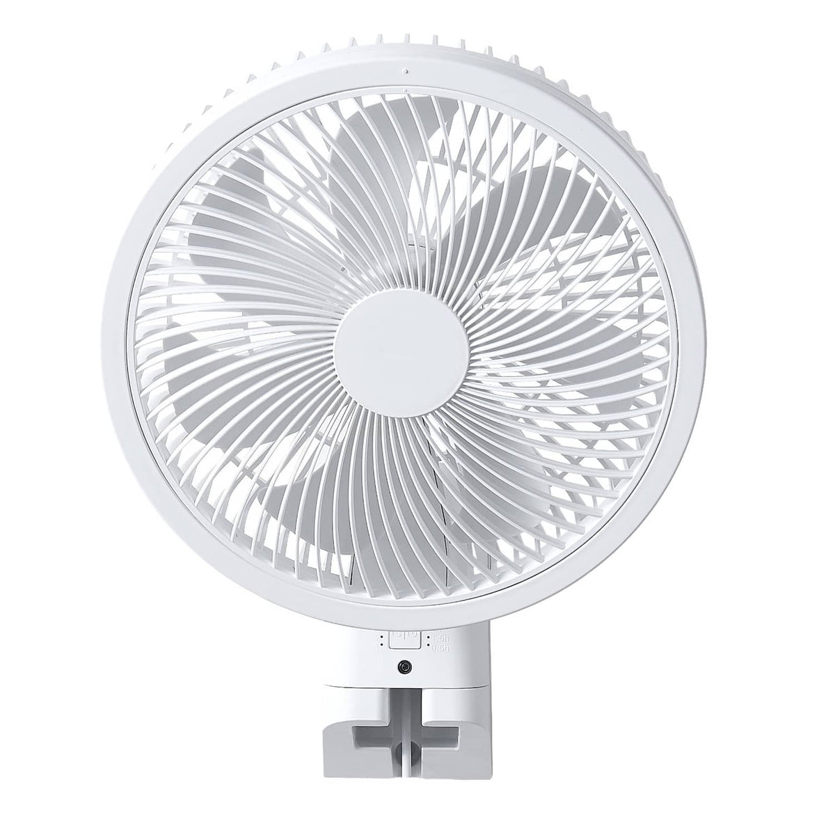 Wall-mounted oscillating fan with white grille and blades, front view